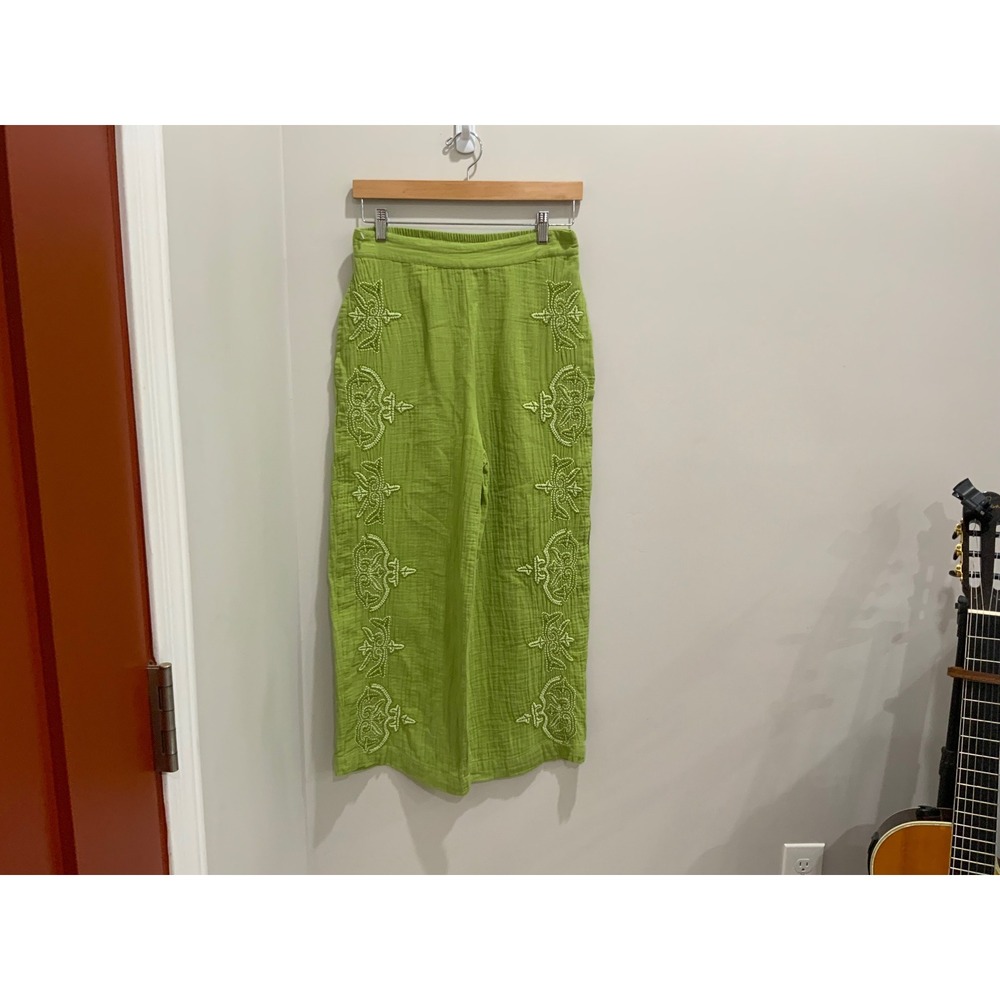 Sundance  Green Embroidered Cotton Gauze wide legs pants  Womens Petite Small PS